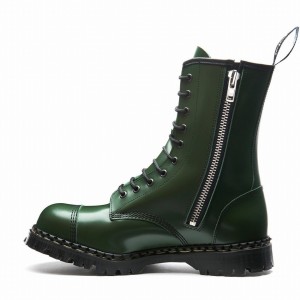 Botas Derby Solovair Hi-Shine 10 Eye Steel Toe Capped Zip Hombre Verde | GF10-1980-GN-ZIP-035