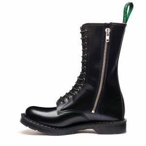 Botas Derby Solovair Hi-Shine 14 Eye Zip Hombre Negras | S14-14-BK-ZIP-G-030