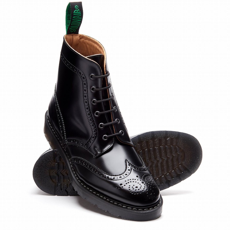 Botas Brogue Solovair Hi-Shine 6 Eye Mujer Negras | S6-019-BK-G-030