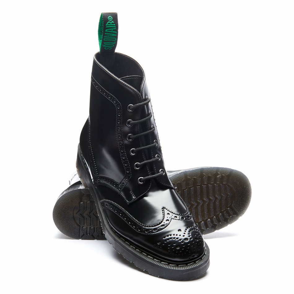 Botas Brogue Solovair Hi-Shine Vegan 6 Eye Derby Mujer Negras | VS6-019-BK-VEG-G-030