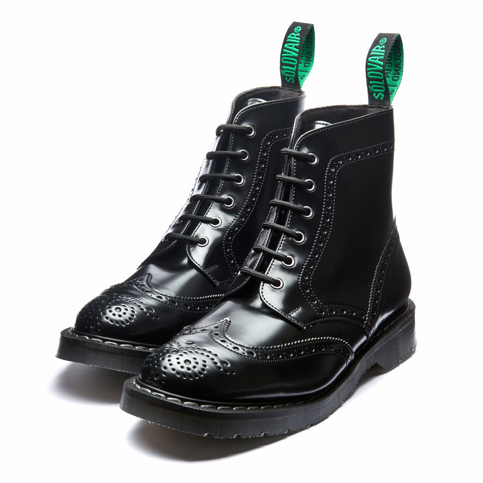 Botas Brogue Solovair Hi-Shine Vegan 6 Eye Derby Mujer Negras | VS6-019-BK-VEG-G-030