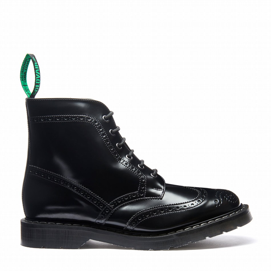 Botas Brogue Solovair Hi-Shine Vegan 6 Eye Derby Mujer Negras | VS6-019-BK-VEG-G-030