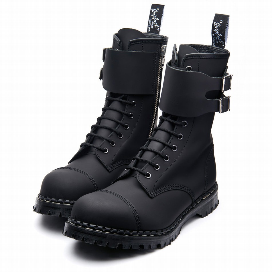 Botas Derby Solovair Greasy 10 Eye Steel Toe Capped Zip Twin Strap Hombre Negras | GF10-1982-BG-ZIP-045