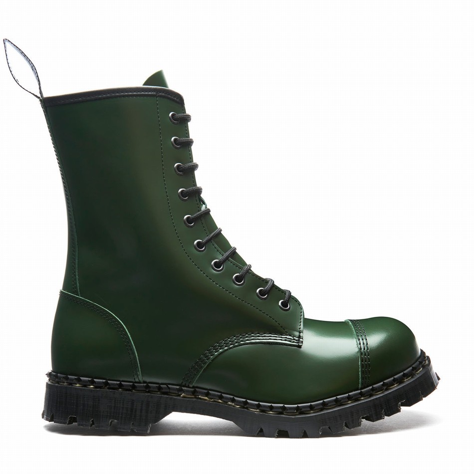 Botas Derby Solovair Hi-Shine 10 Eye Steel Toe Capped Zip Hombre Verde | GF10-1980-GN-ZIP-035