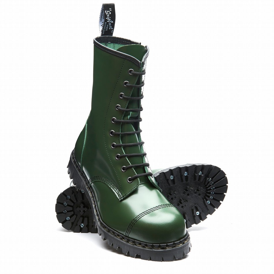 Botas Derby Solovair Hi-Shine 10 Eye Steel Toe Capped Zip Hombre Verde | GF10-1980-GN-ZIP-035