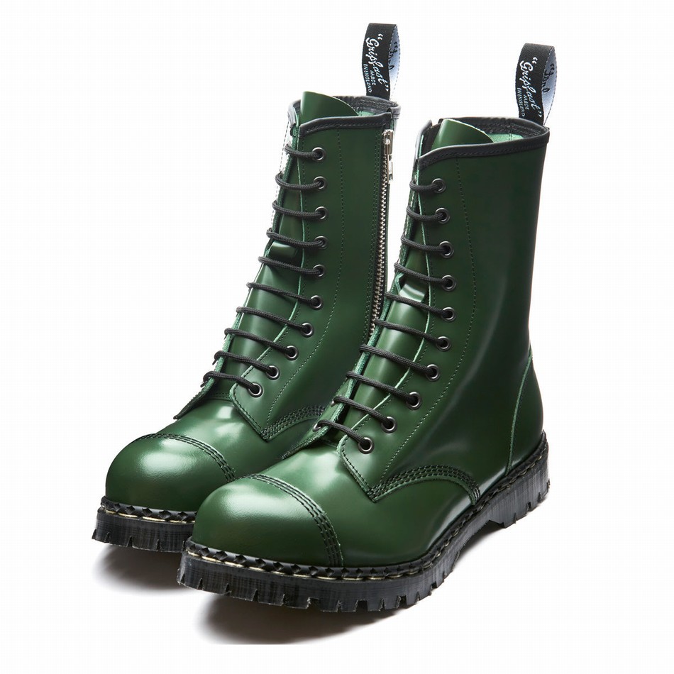 Botas Derby Solovair Hi-Shine 10 Eye Steel Toe Capped Zip Hombre Verde | GF10-1980-GN-ZIP-035