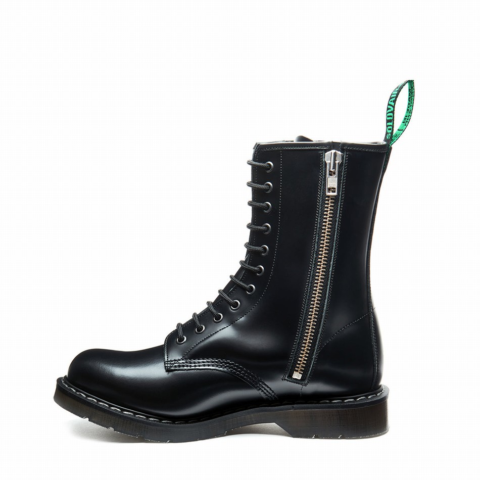 Botas Derby Solovair Hi-Shine 11 Eye Zip Mujer Negras | S11-981-BK-ZIP-G-030