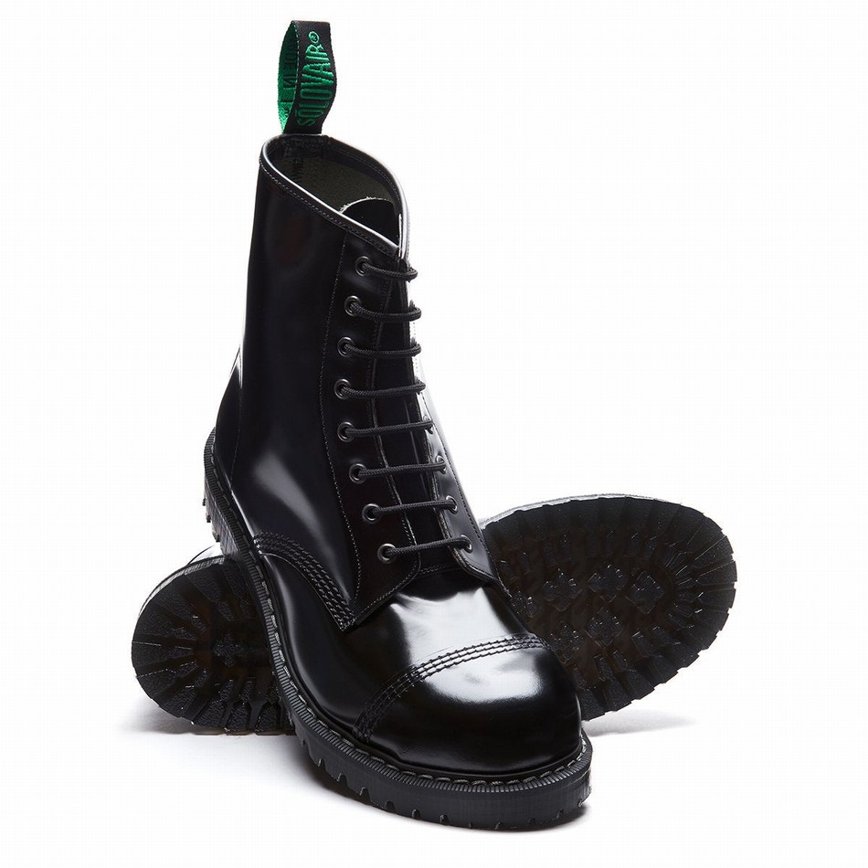 Botas Derby Solovair Hi-Shine 8 Eye Steel Toe Hombre Negras | SC8-1550-BK-G-070
