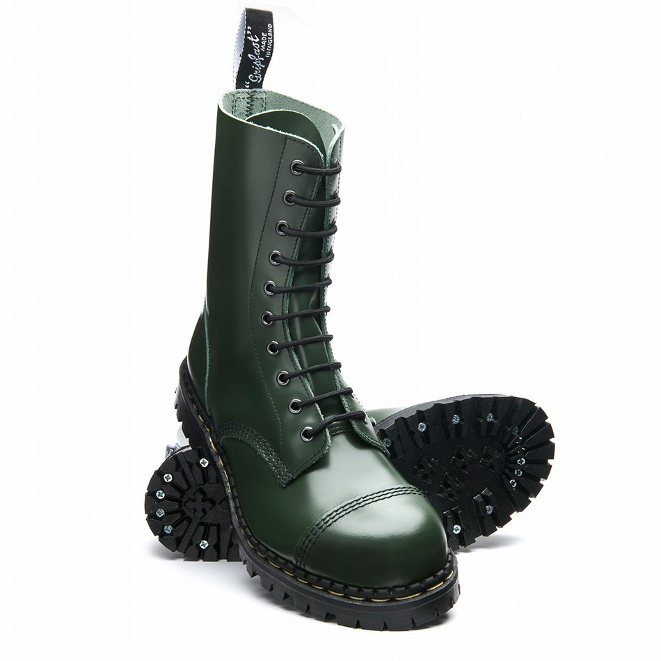 Botas Derby Solovair Hi Shine 10 Eye Steel Toe Capped Mujer Verde | GF10-1980-GN-035