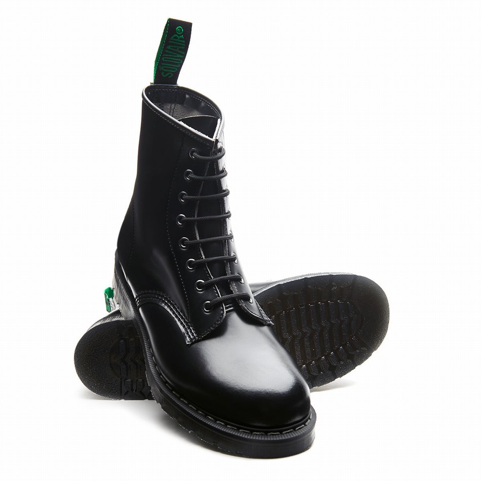 Botas Derby Solovair Vegan Hi-Shine 8 Eye Mujer Negras | VS8-551-BK-SM-VEG-G-035